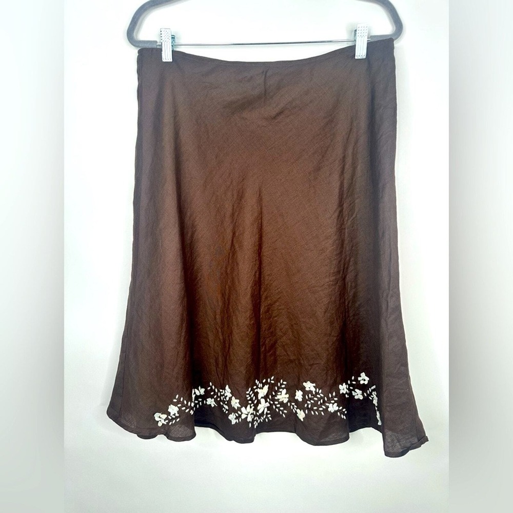 Silkland Brown Ramie Floral Embroidered A-Line Midi Skirt Lined Size 12
